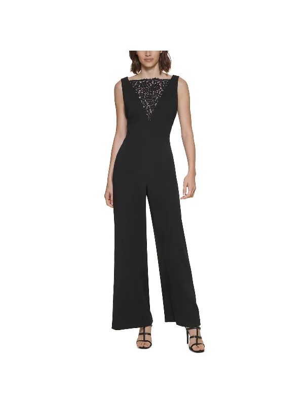 Womens Lace Inset Sleeveless Jumpsuit