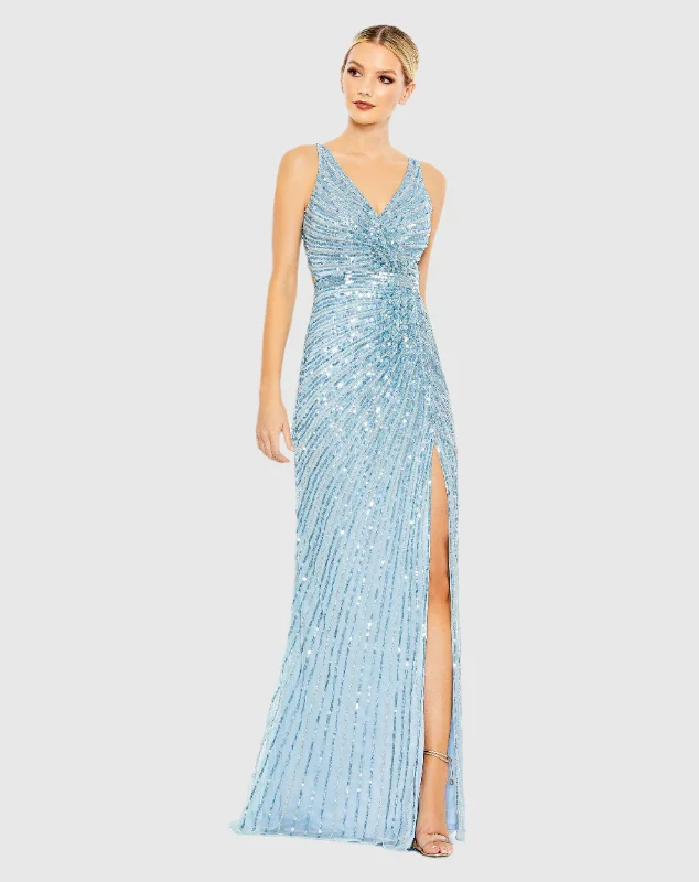 Sequined Faux Wrap Sleeveless Gown