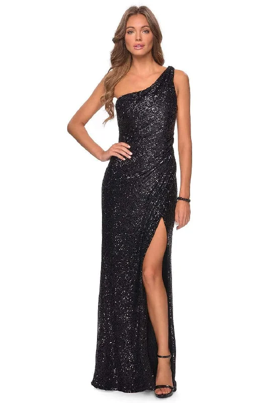 La Femme - 28401 Asymmetrical Textured Sequined Dress with Slit