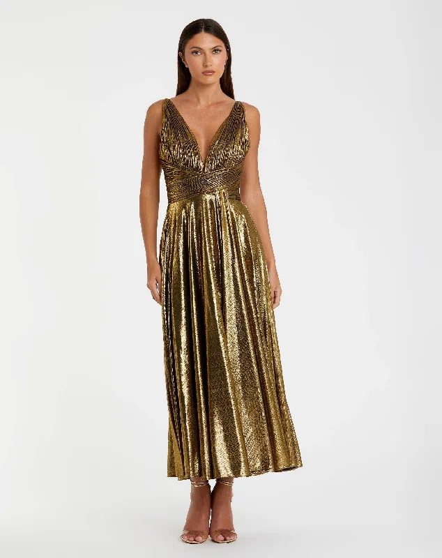 Sleeveless V Neck Pleated Top Metallic Dress