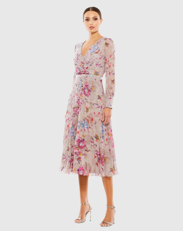 Hand Embellished Floral Long Sleeve Midi Dress